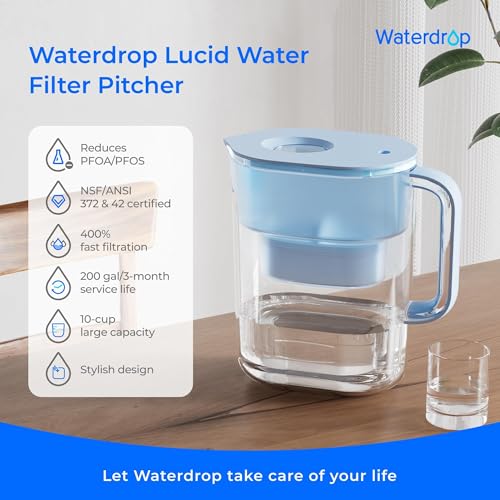 Waterdrop Water Filter Pitcher - 10-Cup Capacity, NSF Certified, Reduces PFOA/PFOS & Chlorine, Improves Coffee & Tea Tas