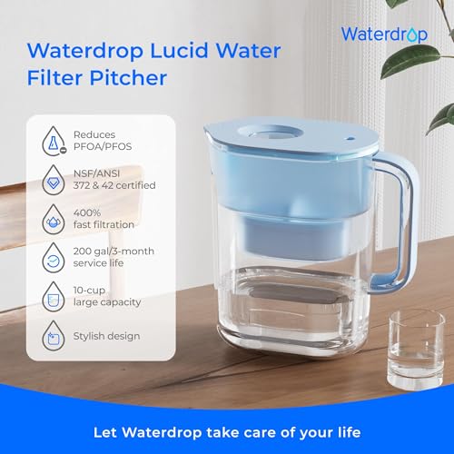 Waterdrop Water Filter Pitcher - 10-Cup Capacity, NSF Certified, Reduces PFOA/PFOS & Chlorine, Improves Coffee & Tea Tas